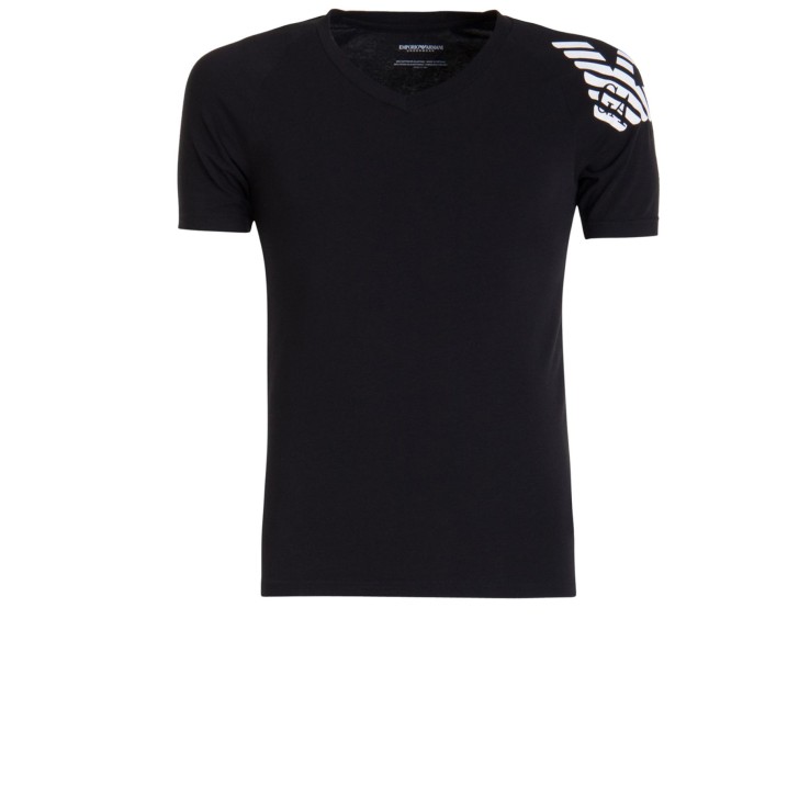 Emporio Armani T-shirt in cotone nera con collo a V e  Logo Aquila stampato