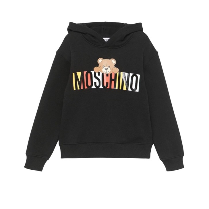 MOSCHINO FELPA CON CAPPUCCIO IN COTONE BLACK UNISEX CON LOGO LETTERING E TEDDY BEAR