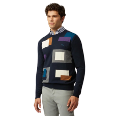 Pullover girocollo in lana e cotone con dettagli geometrici Blu Navy