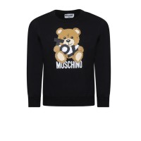 MOSCHINO FELPA A GIROCOLLO IN COTONE BLACK CON LOGO LETTERING WHITE E TEDDY BEAR	