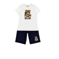MOSCHINO COMPLETO T-SHIRT/SHORT UNISEX IN COTONE CON LOGO LETTERING E TEDDY BEAR
