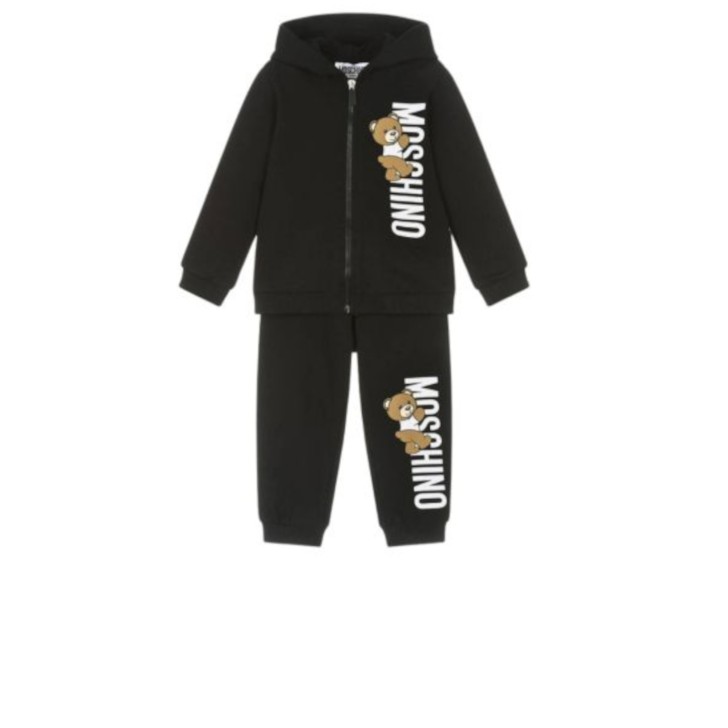 Moschino COMPLETO UNISEX FELPA CON ZIP + PANTALONE CON LOGO LETTERING E TEDDY 