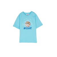 Moschino MAXI T-SHIRT AZZURRA A MANICA CORTA IN COTONE CON LOGO LETTERING E TEDDY BEAR