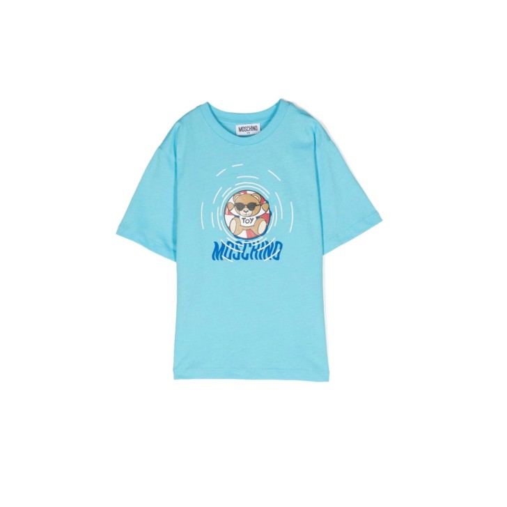 Moschino MAXI T-SHIRT AZZURRA A MANICA CORTA IN COTONE CON LOGO LETTERING E TEDDY BEAR