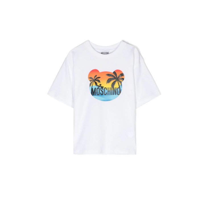 Moschino MAXI T-SHIRT A MANICA CORTA BIANCA IN COTONE CON STAMPA TEDDY MULTICOLORE