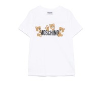 MOSCHINO T-SHIRT A MANICA CORTA IN COTONE UNISEX WHITE CON LOGO LETTERING BLACK E TEDDY BEAR