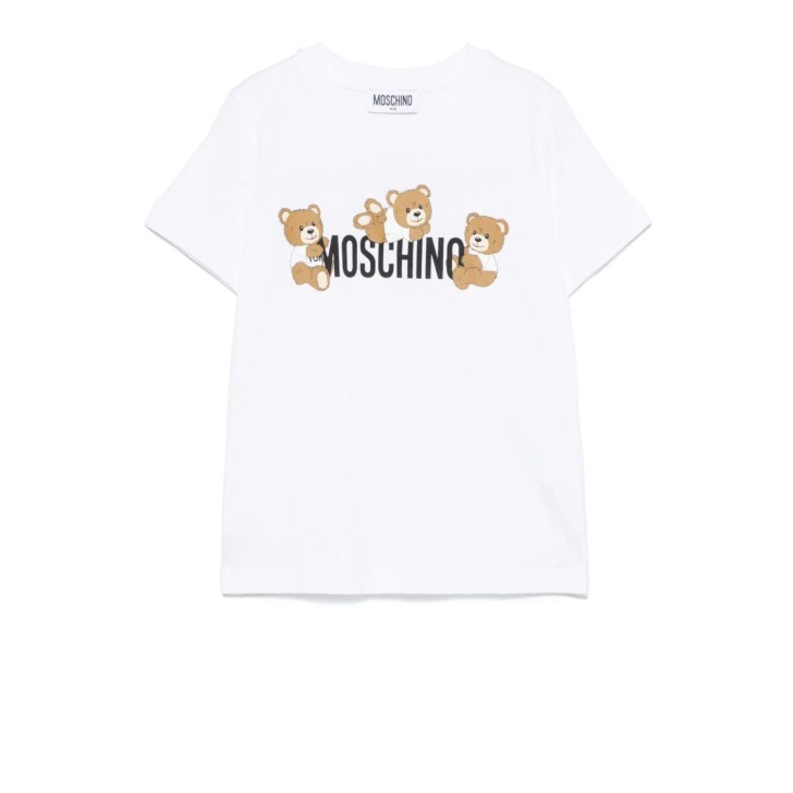 MOSCHINO T-SHIRT A MANICA CORTA IN COTONE UNISEX WHITE CON LOGO LETTERING BLACK E TEDDY BEAR