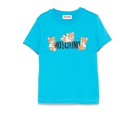 MOSCHINO T-SHIRT A MANICA CORTA IN COTONE UNISEX SKY BLUE CON LOGO LETTERING BLACK E TEDDY BEAR