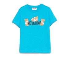 MOSCHINO T-SHIRT A MANICA CORTA IN COTONE UNISEX SKY BLUE CON LOGO LETTERING BLACK E TEDDY BEAR