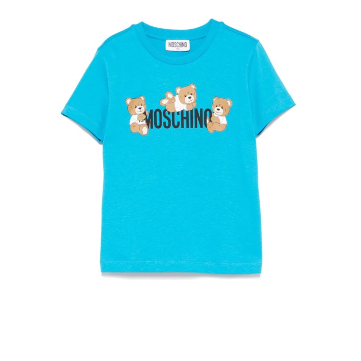 MOSCHINO T-SHIRT A MANICA CORTA IN COTONE UNISEX SKY BLUE CON LOGO LETTERING BLACK E TEDDY BEAR