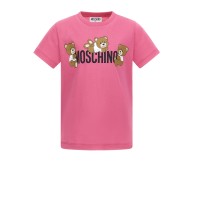 MOSCHINO T-SHIRT A MANICA CORTA IN COTONE UNISEX FUCSIA CON LOGO LETTERING BLACK E TEDDY BEAR