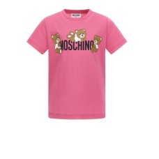 MOSCHINO T-SHIRT A MANICA CORTA IN COTONE UNISEX FUCSIA CON LOGO LETTERING BLACK E TEDDY BEAR