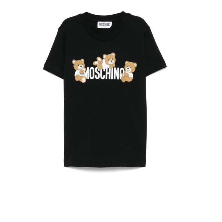 MOSCHINO T-SHIRT A MANICA CORTA IN COTONE UNISEX BLACK CON LOGO LETTERING WHITE E TEDDY BEAR