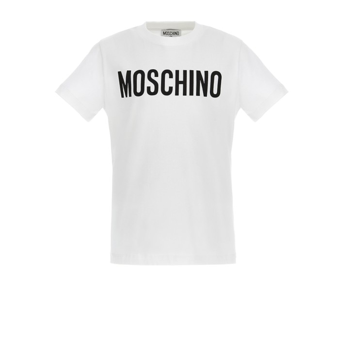 MOSCHINO T-SHIRT UNISEX IN COTONE A MANICA CORTA WHITE CON LOGO LETTERING BLACK 