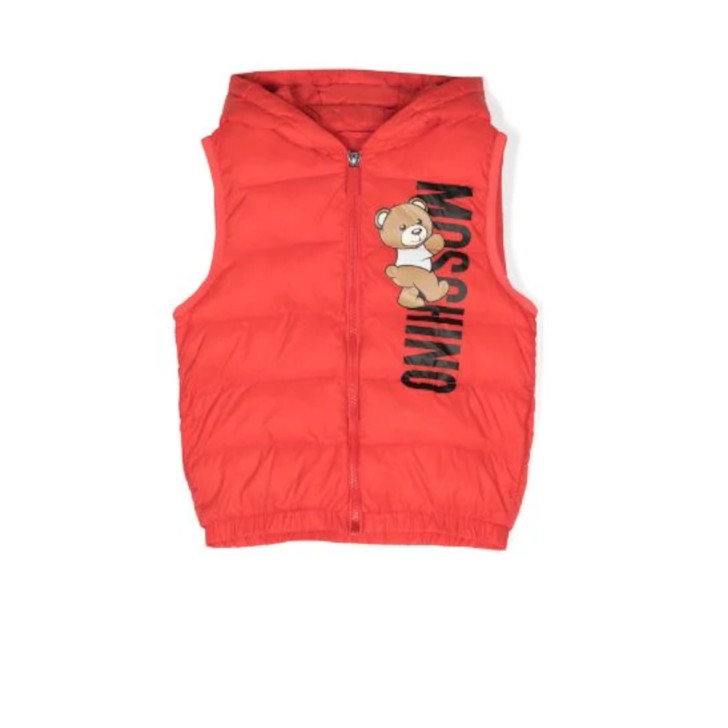 Moschino GILET ROSSO IMBOTTITO CON  STAMPA TEDDY BEAR E LOGO LETTERING