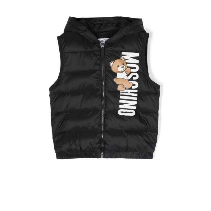 Moschino GILET NERO IMBOTTITO CON  STAMPA TEDDY BEAR E LOGO LETTERING