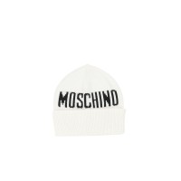 MOSCHINO CAPPELLO UNISEX WHITE IN COTONE E LANA CON LOGO LETTERING JACQUARD BLACK