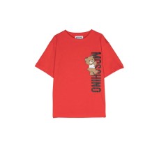 Moschino MAXI T-SHIRT ROSSA A MANICA CORTA IN COTONE CON LOGO LETTERING E TEDDY BEAR