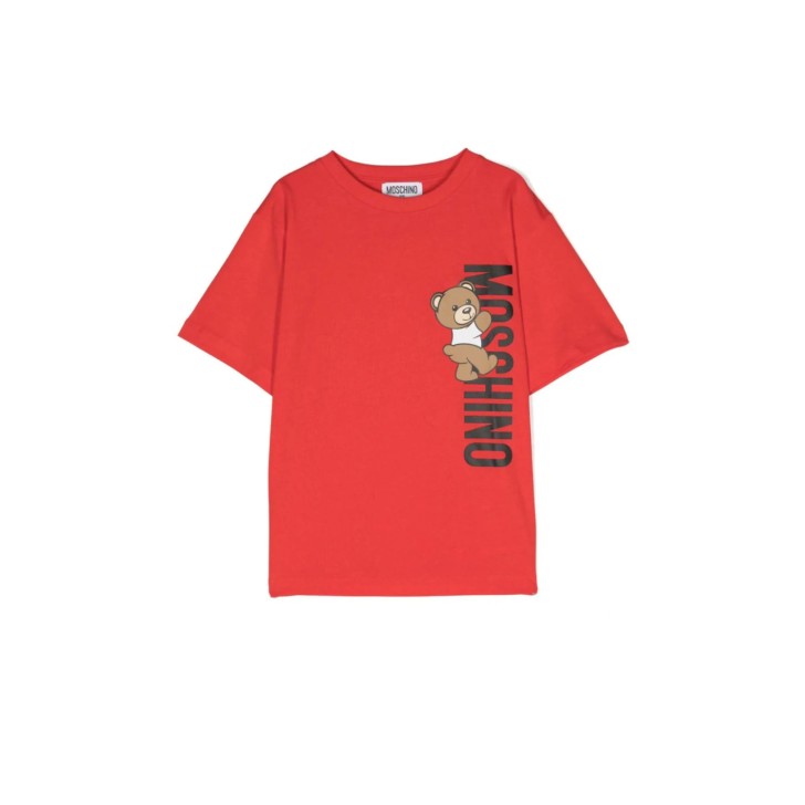 Moschino MAXI T-SHIRT ROSSA A MANICA CORTA IN COTONE CON LOGO LETTERING E TEDDY BEAR