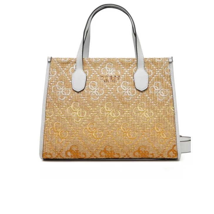 GUESS BORSA SILVANA TOTE IN PAGLIA CON LOGO ALL-OVER