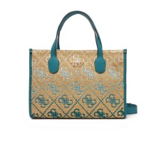 GUESS BORSA SILVANA TOTE IN PAGLIA CON LOGO ALL-OVER AZZURRO