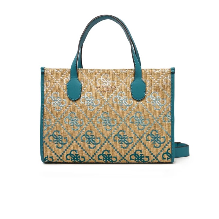 GUESS BORSA SILVANA TOTE IN PAGLIA CON LOGO ALL-OVER AZZURRO
