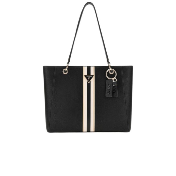 GUESS NOELLE TOTE BAG A SPALLA NERA CON BANDA A CONTRASTO 