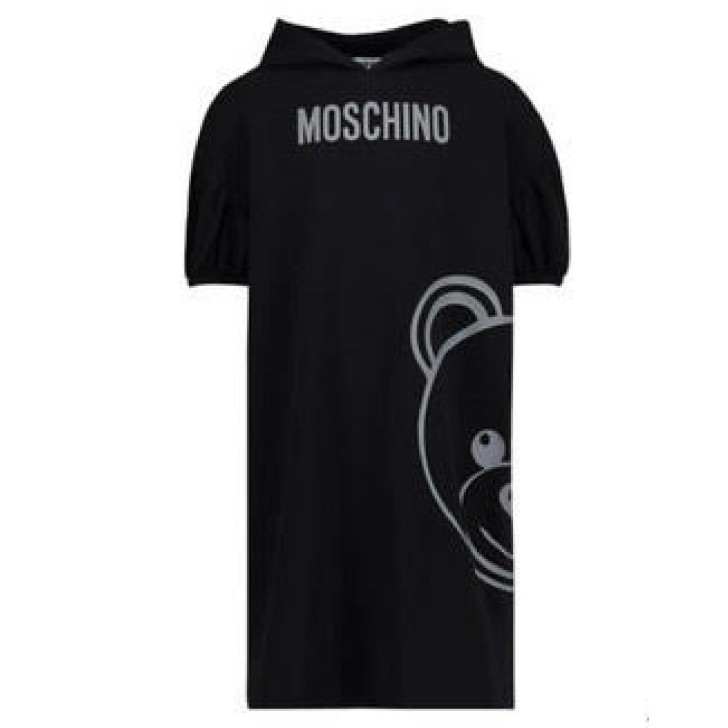 Moschino Abito nero con cappuccio e maxi Teddy Bear e logo lettering