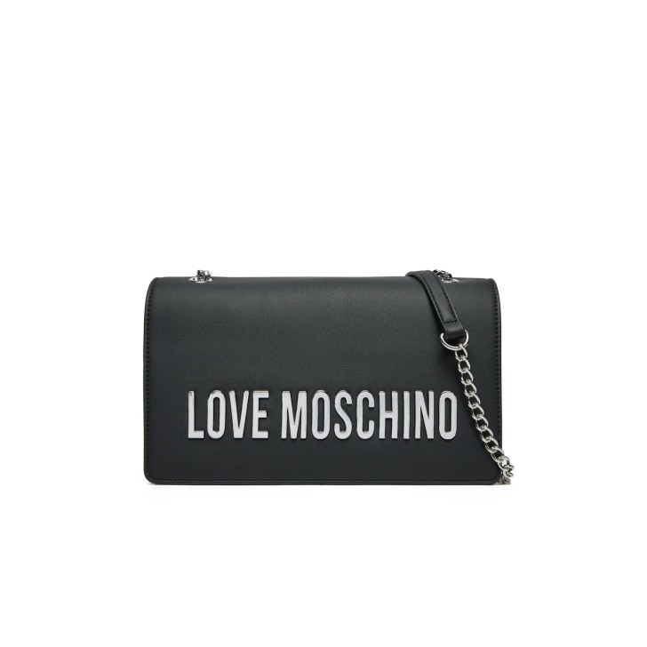 LOVE MOSCHINO BORSA NERA A SPALLA DA DONNA CON LOGO ARGENTO LETTERING 