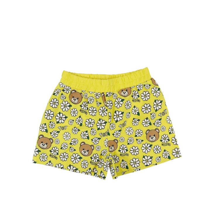 Moschino pantaloncino in cotone giallo con stampa Floreale e Teddy All Over