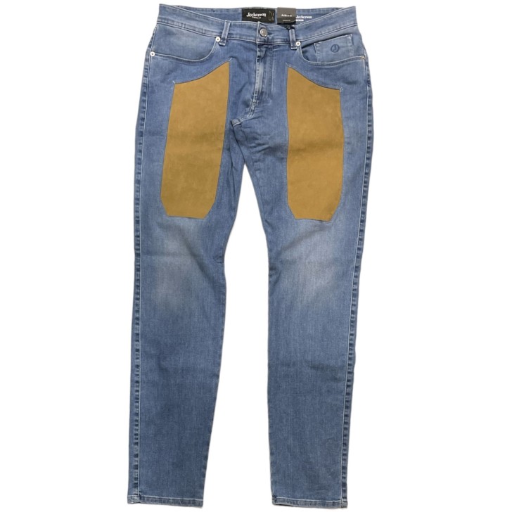 Jeckerson Jeans denim blu cinque tasche con toppe in Alcantara cammello