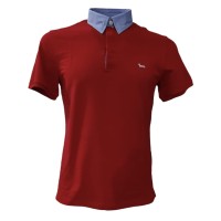 Harmont&Blaine Polo rossa a manica corta in cotone con collo in camicia a fantasia azzurro e logo bassotto ricamato
