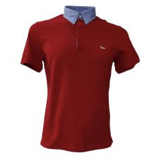 Harmont&Blaine Polo rossa a manica corta in cotone con collo in camicia a fantasia azzurro e logo bassotto ricamato