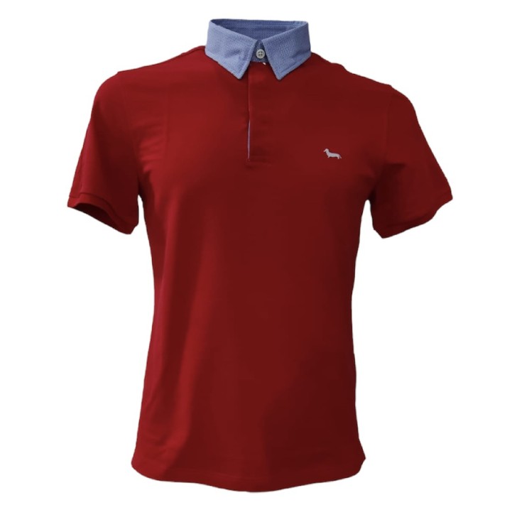 Harmont&Blaine Polo rossa a manica corta in cotone con collo in camicia a fantasia azzurro e logo bassotto ricamato