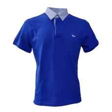 Harmont&Blaine Polo azzurra a manica corta in cotone con collo in camicia a fantasia azzurro e logo bassotto ricamato