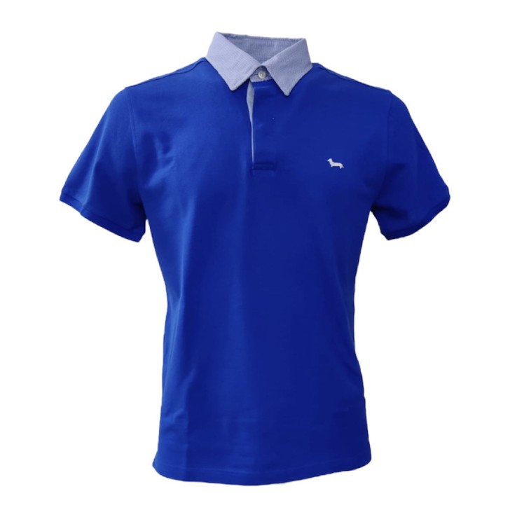 Harmont&Blaine Polo azzurra a manica corta in cotone con collo in camicia a fantasia azzurro e logo bassotto ricamato