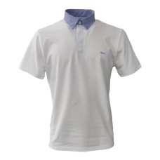 Harmont&Blaine Polo Bianca a manica corta in cotone con collo azzurro a camicia e logo bassotto ricamato azzurro