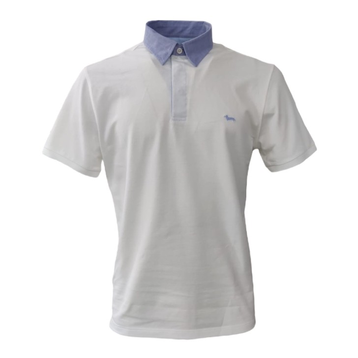 Harmont&Blaine Polo Bianca a manica corta in cotone con collo azzurro a camicia e logo bassotto ricamato azzurro