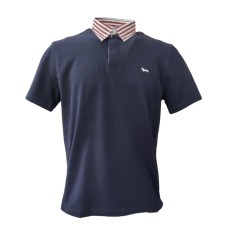 Harmont&Blaine Polo a manica corta Blu Navy in cotone con collo a righe multicolore a camicia e logo bassotto ricamato 