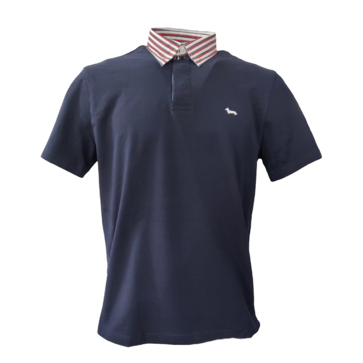 Harmont&Blaine Polo a manica corta Blu Navy in cotone con collo a righe multicolore a camicia e logo bassotto ricamato 