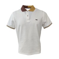 Harmont&Blaine Polo a manica corta in cotone Bianca con collo bicolore in fantasia e logo Bassotto ricamato marrone