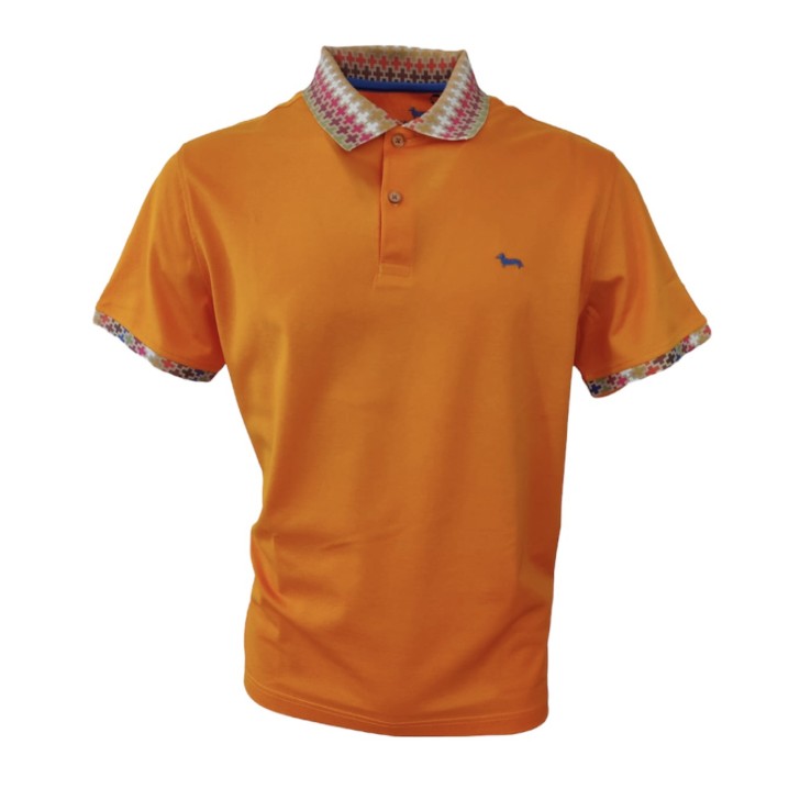 Harmont&Blaine Polo a manica corta in cotone Arancione con collo in fantasia e logo Bassotto ricamato marrone