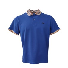 Harmont&Blaine Polo a manica corta in cotone Blu con collo in fantasia e logo Bassotto ricamato marrone