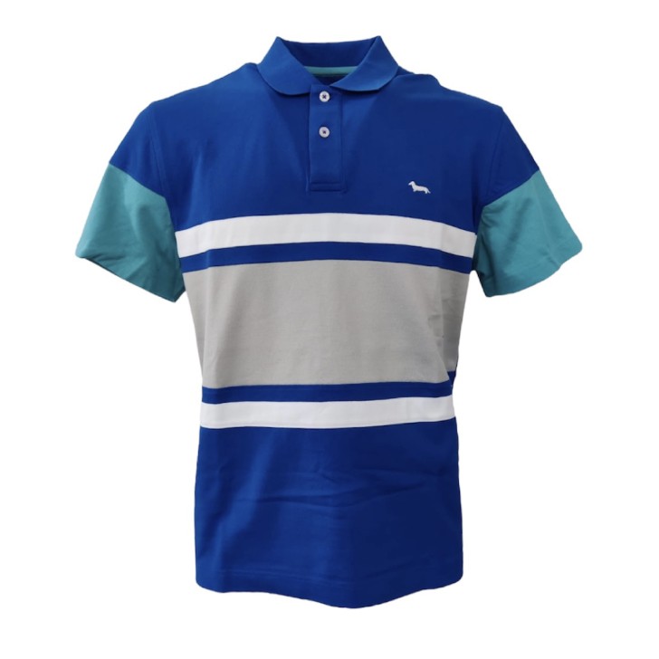 Harmont&Blaine Polo azzurra a manica corta con inserti e maniche a contrasto e logo bassotto ricamato bianco