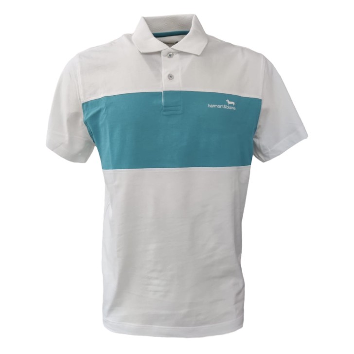 Harmont&Blaine Polo a manica corta in cotone bianca con inserto verde acqua e logo lettering