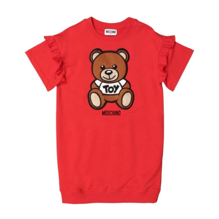 Moschino Abito rosso a manica corta con Patch Teddy ricamato e logo Moschino