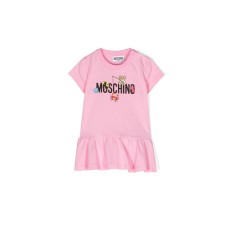 Moschino ABITO A MANICA CORTA IN COTONE ROSA CON TEDDY BEAR