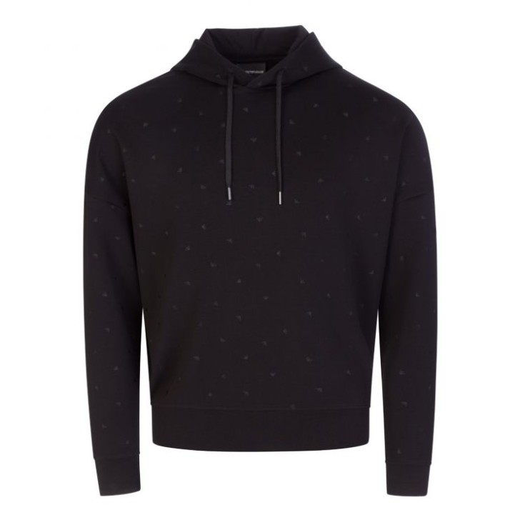 Emporio Armani Felpa con cappuccio in double jersey nera con micro eagle All Over