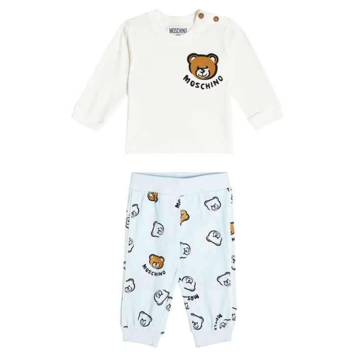 MOSCHINO COMPLETO T-SHIRT E PANTALONE IN COTONE ORGANICO CON STAMPA LOGO E TEDDY BEAR