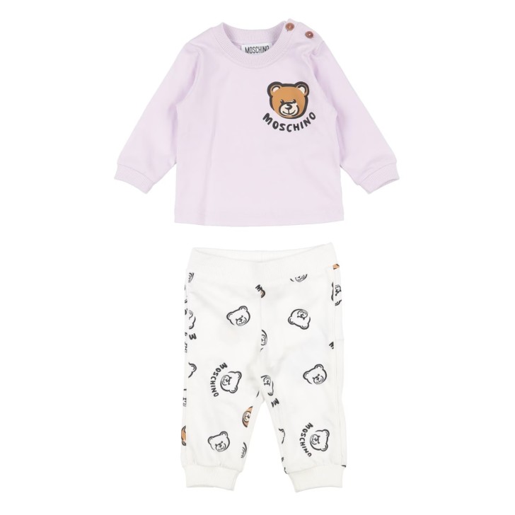 MOSCHINO COMPLETO T-SHIRT E PANTALONE IN COTONE ORGANICO CON STAMPA LOGO E TEDDY BEAR